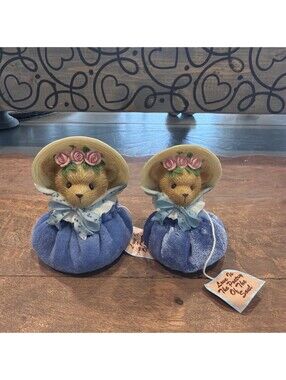 Set of 2 Enesco 2001 Priscilla Hillman Cherished Teddies Bean Bag Bears w/Bonnet